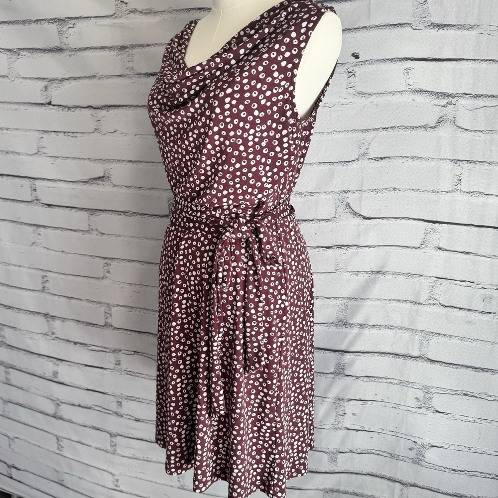 LOFT Petite Medium MP Burgundy Abstract Dot Cowl Neck Tie Waist Dress - Picture 3 of 15